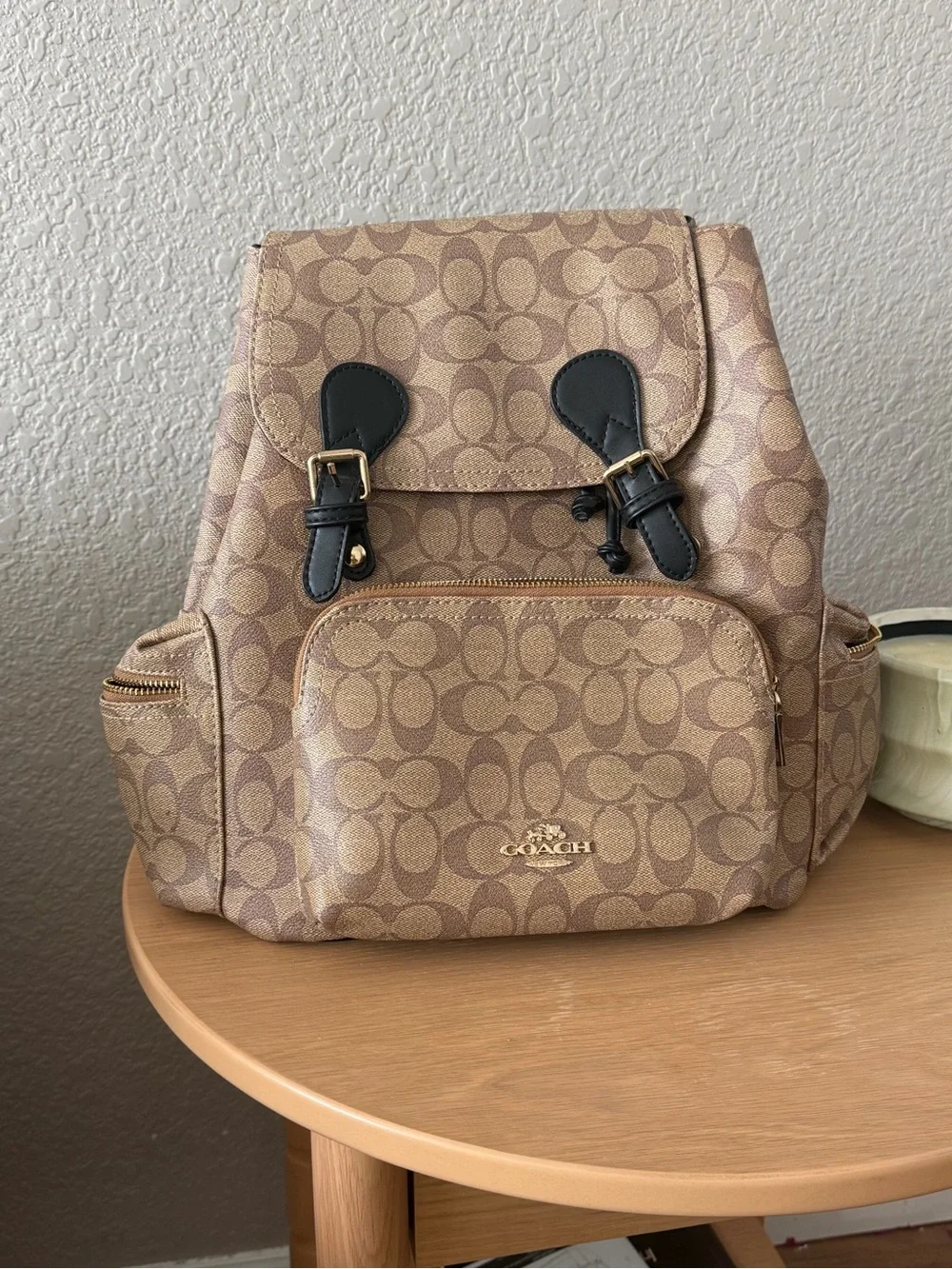 Coach Monogram Canvas Backpack in Tan with Black Trim